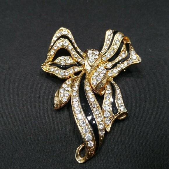 Vintage Black Enamel Bow Brooch, Clear Rhinestone Ribbons, Gold Tone - Picture 2 of 5